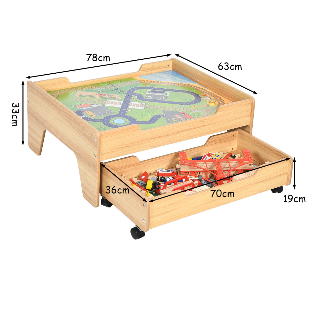 Set Mesa de Madera con Vías para Niños 100 Piezas Multicolor Mesa Actividad y Cajón con Ruedas Bloqueables Fácil de Montar