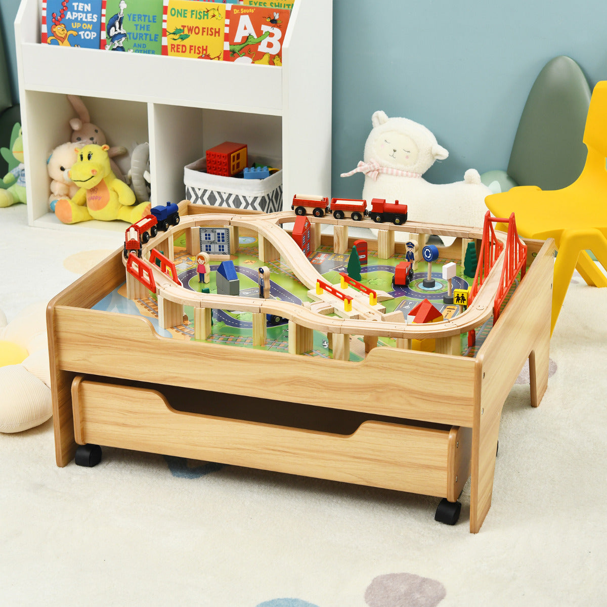 Set Mesa de Madera con Vías para Niños 100 Piezas Multicolor Mesa Actividad y Cajón con Ruedas Bloqueables Fácil de Montar
