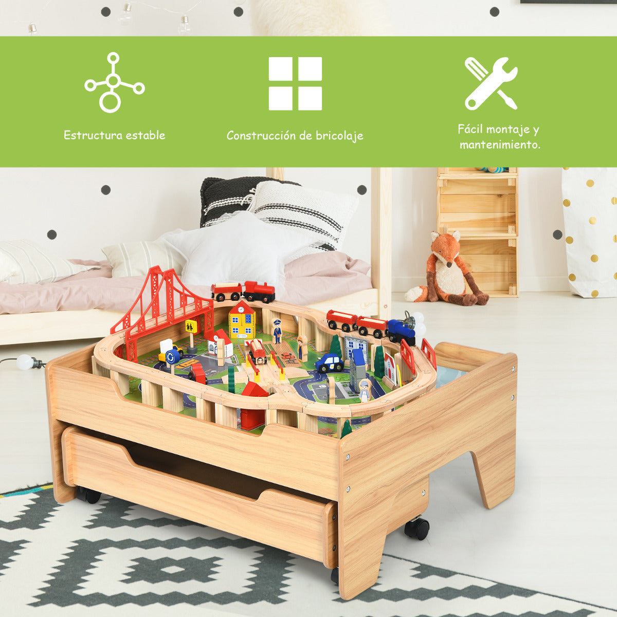 Set Mesa de Madera con Vías para Niños 100 Piezas Multicolor Mesa Actividad y Cajón con Ruedas Bloqueables Fácil de Montar