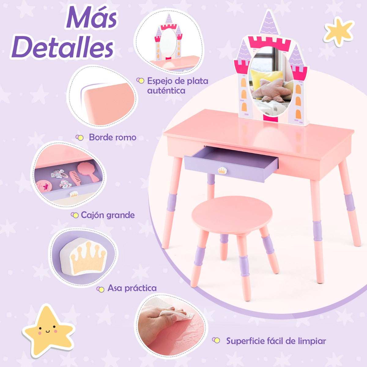 Juego de Tocador Temático de Castillo con Espejo Cajón y Tapa Removible Múltiples Accesorios para Niñas Rosa