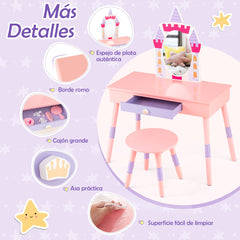Juego de Tocador Temático de Castillo con Espejo Cajón y Tapa Removible Múltiples Accesorios para Niñas Rosa
