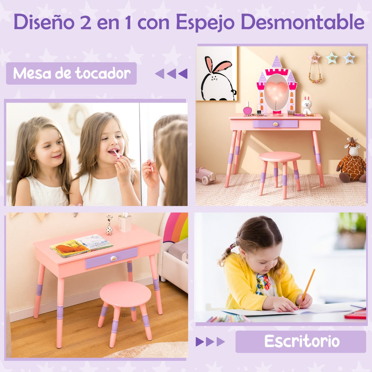 Juego de Tocador Temático de Castillo con Espejo Cajón y Tapa Removible Múltiples Accesorios para Niñas Rosa