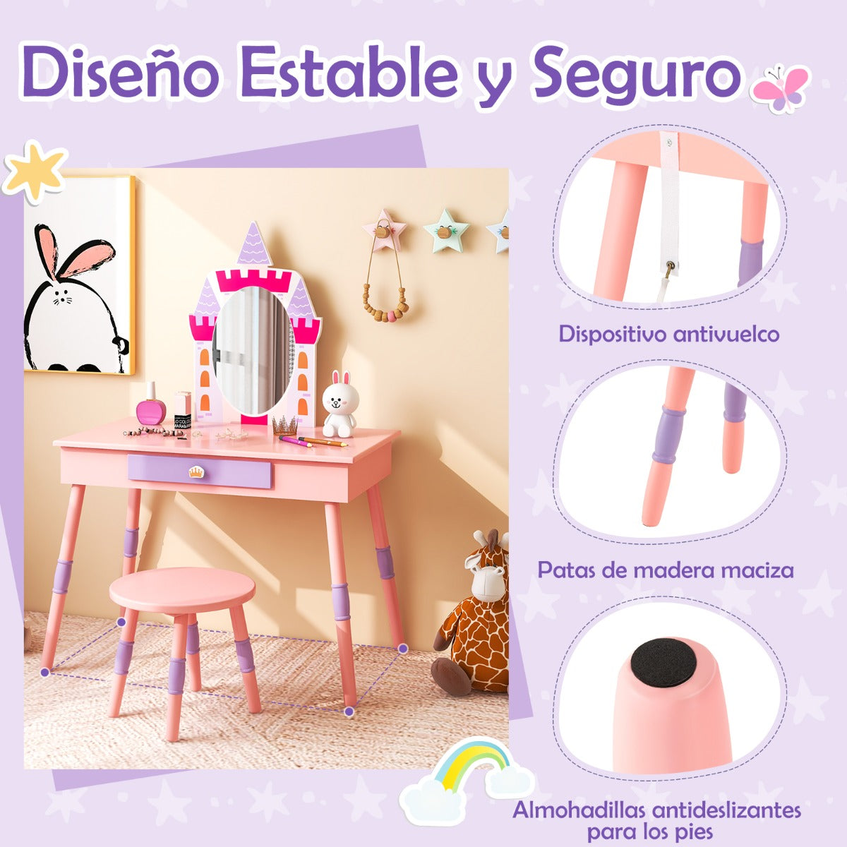 Juego de Tocador Temático de Castillo con Espejo Cajón y Tapa Removible Múltiples Accesorios para Niñas Rosa