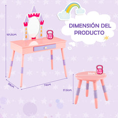 Juego de Tocador Temático de Castillo con Espejo Cajón y Tapa Removible Múltiples Accesorios para Niñas Rosa
