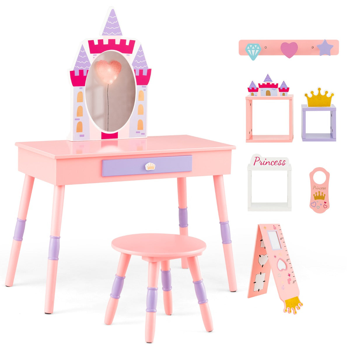 Juego de Tocador Temático de Castillo con Espejo Cajón y Tapa Removible Múltiples Accesorios para Niñas Rosa