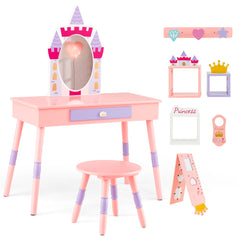 Juego de Tocador Temático de Castillo con Espejo Cajón y Tapa Removible Múltiples Accesorios para Niñas Rosa