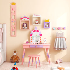 Juego de Tocador Temático de Castillo con Espejo Cajón y Tapa Removible Múltiples Accesorios para Niñas Rosa