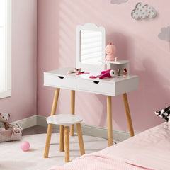 Tocador y Taburete de Madera para Niños con Espejo Rectangular y 2 Cajones Grandes 70 x 34 x 100 cm Blanco