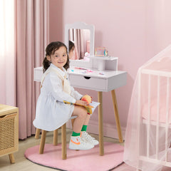 Tocador y Taburete de Madera para Niños con Espejo Rectangular y 2 Cajones Grandes 70 x 34 x 100 cm Blanco