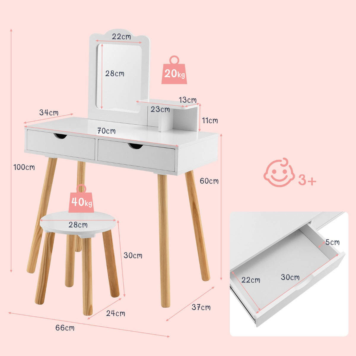 Tocador y Taburete de Madera para Niños con Espejo Rectangular y 2 Cajones Grandes 70 x 34 x 100 cm Blanco