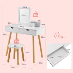 Tocador y Taburete de Madera para Niños con Espejo Rectangular y 2 Cajones Grandes 70 x 34 x 100 cm Blanco