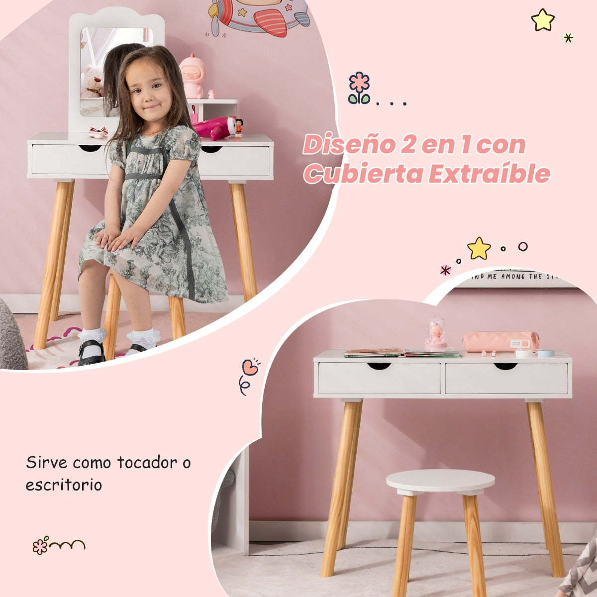 Tocador y Taburete de Madera para Niños con Espejo Rectangular y 2 Cajones Grandes 70 x 34 x 100 cm Blanco