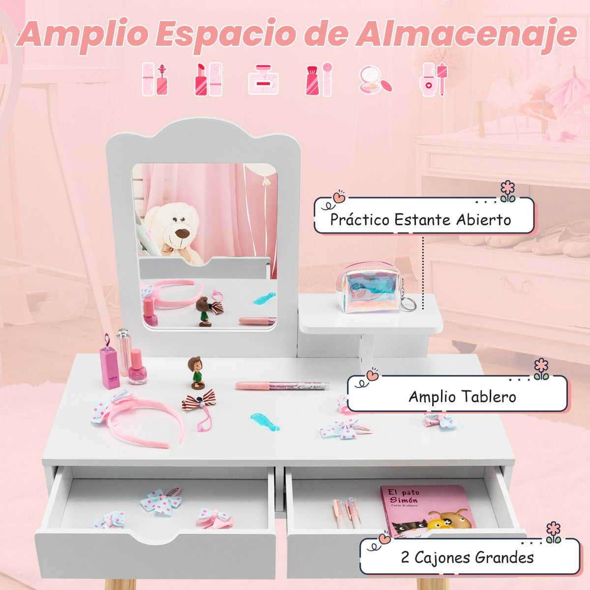 Tocador y Taburete de Madera para Niños con Espejo Rectangular y 2 Cajones Grandes 70 x 34 x 100 cm Blanco
