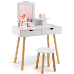 Tocador y Taburete de Madera para Niños con Espejo Rectangular y 2 Cajones Grandes 70 x 34 x 100 cm Blanco