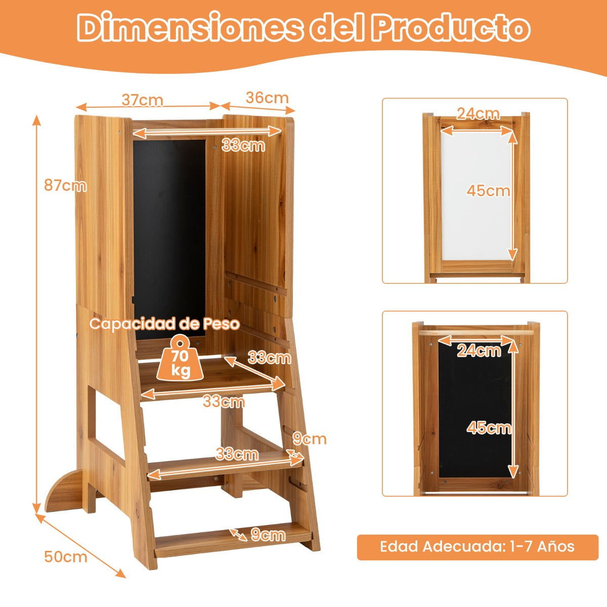 2 en 1 Torre de Pie para Niños de 1-7 Años con 3 Bolígrafos Base de Agua Pizarra Plataforma y Escalón Ajustables Carga 70 kg Natural