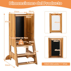 2 en 1 Torre de Pie para Niños de 1-7 Años con 3 Bolígrafos Base de Agua Pizarra Plataforma y Escalón Ajustables Carga 70 kg Natural