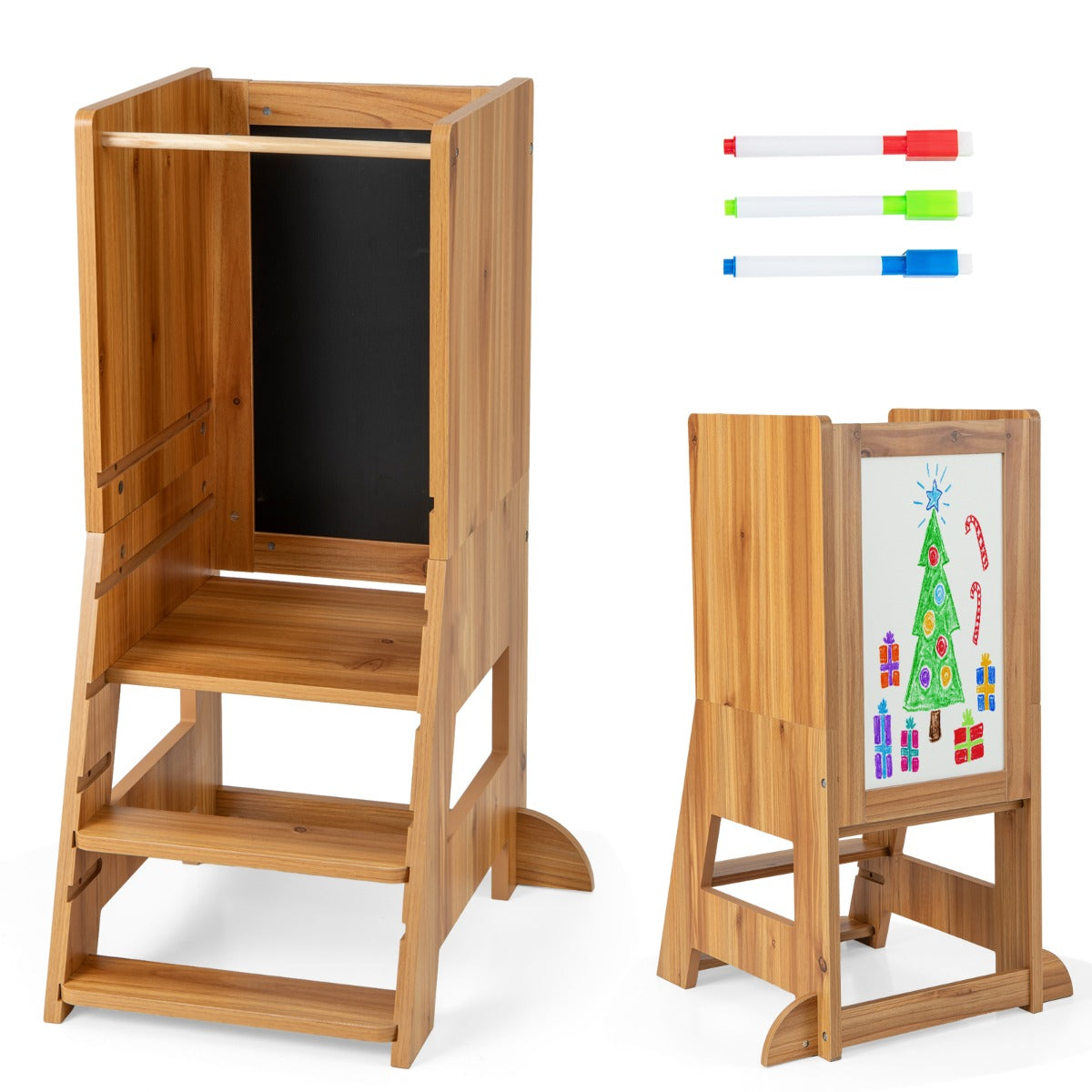 2 en 1 Torre de Pie para Niños de 1-7 Años con 3 Bolígrafos Base de Agua Pizarra Plataforma y Escalón Ajustables Carga 70 kg Natural