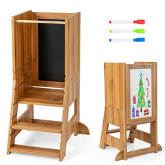 2 en 1 Torre de Pie para Niños de 1-7 Años con 3 Bolígrafos Base de Agua Pizarra Plataforma y Escalón Ajustables Carga 70 kg Natural