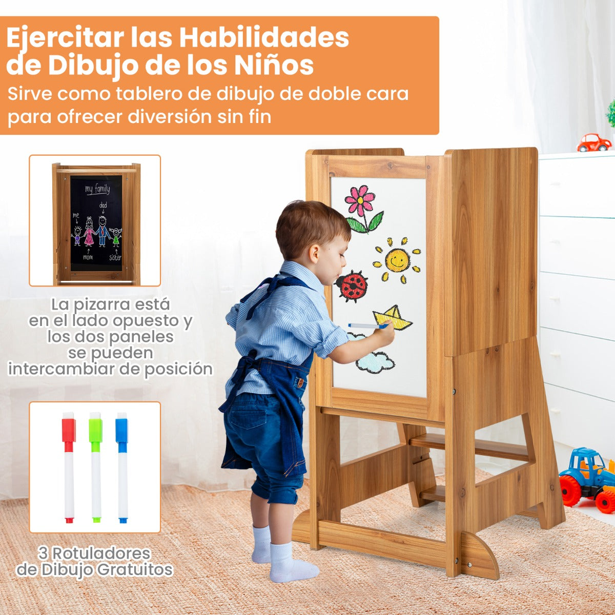 2 en 1 Torre de Pie para Niños de 1-7 Años con 3 Bolígrafos Base de Agua Pizarra Plataforma y Escalón Ajustables Carga 70 kg Natural