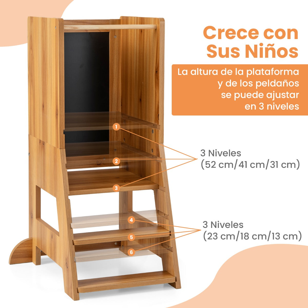 2 en 1 Torre de Pie para Niños de 1-7 Años con 3 Bolígrafos Base de Agua Pizarra Plataforma y Escalón Ajustables Carga 70 kg Natural
