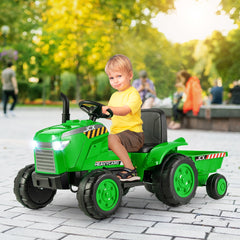 2 en 1 Tractor de Juguete Eléctrico de 12V para Niños de 3-8 Años con Remolque Control Remoto Conexión Inalámbrica y Bocina Verde