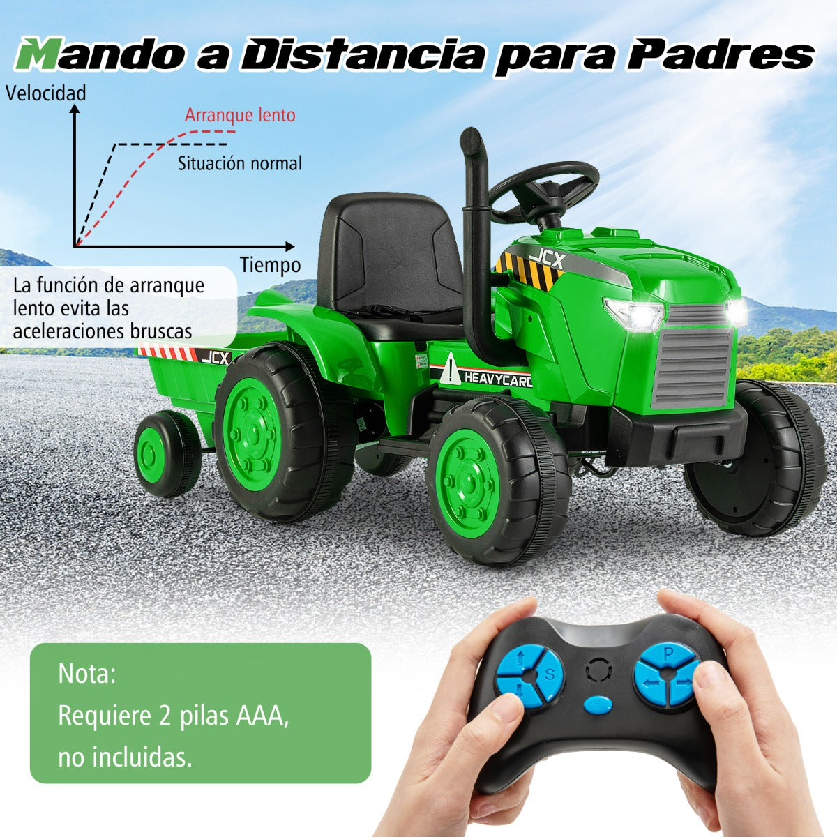 2 en 1 Tractor de Juguete Eléctrico de 12V para Niños de 3-8 Años con Remolque Control Remoto Conexión Inalámbrica y Bocina Verde