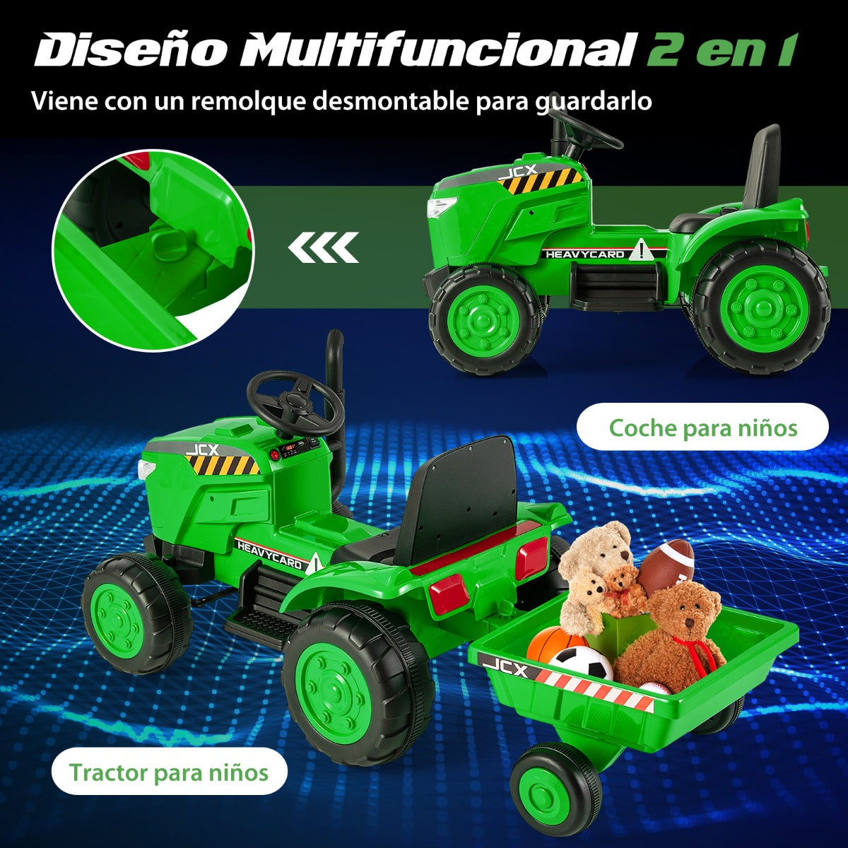 2 en 1 Tractor de Juguete Eléctrico de 12V para Niños de 3-8 Años con Remolque Control Remoto Conexión Inalámbrica y Bocina Verde