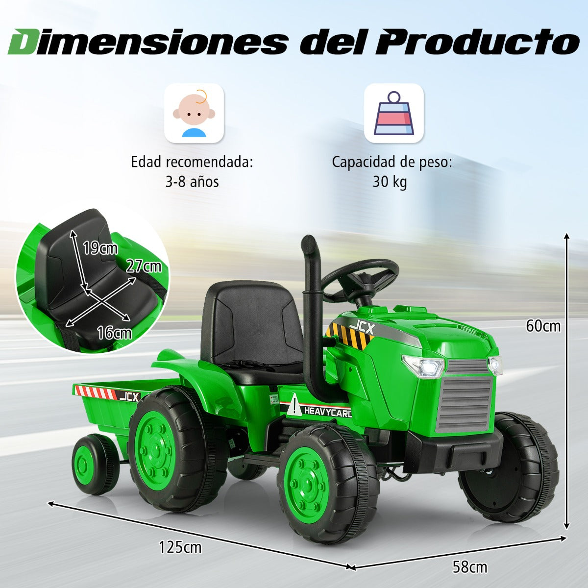 2 en 1 Tractor de Juguete Eléctrico de 12V para Niños de 3-8 Años con Remolque Control Remoto Conexión Inalámbrica y Bocina Verde