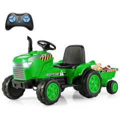 2 en 1 Tractor de Juguete Eléctrico de 12V para Niños de 3-8 Años con Remolque Control Remoto Conexión Inalámbrica y Bocina Verde