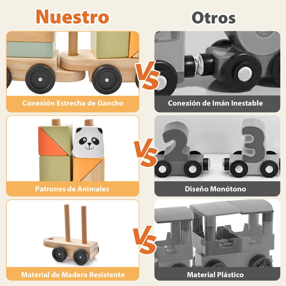 Tren de Juguete de 3 Secciones Bloques Apilables con Patrones de Animales ara el Aprendizaje Temprano de Bebés