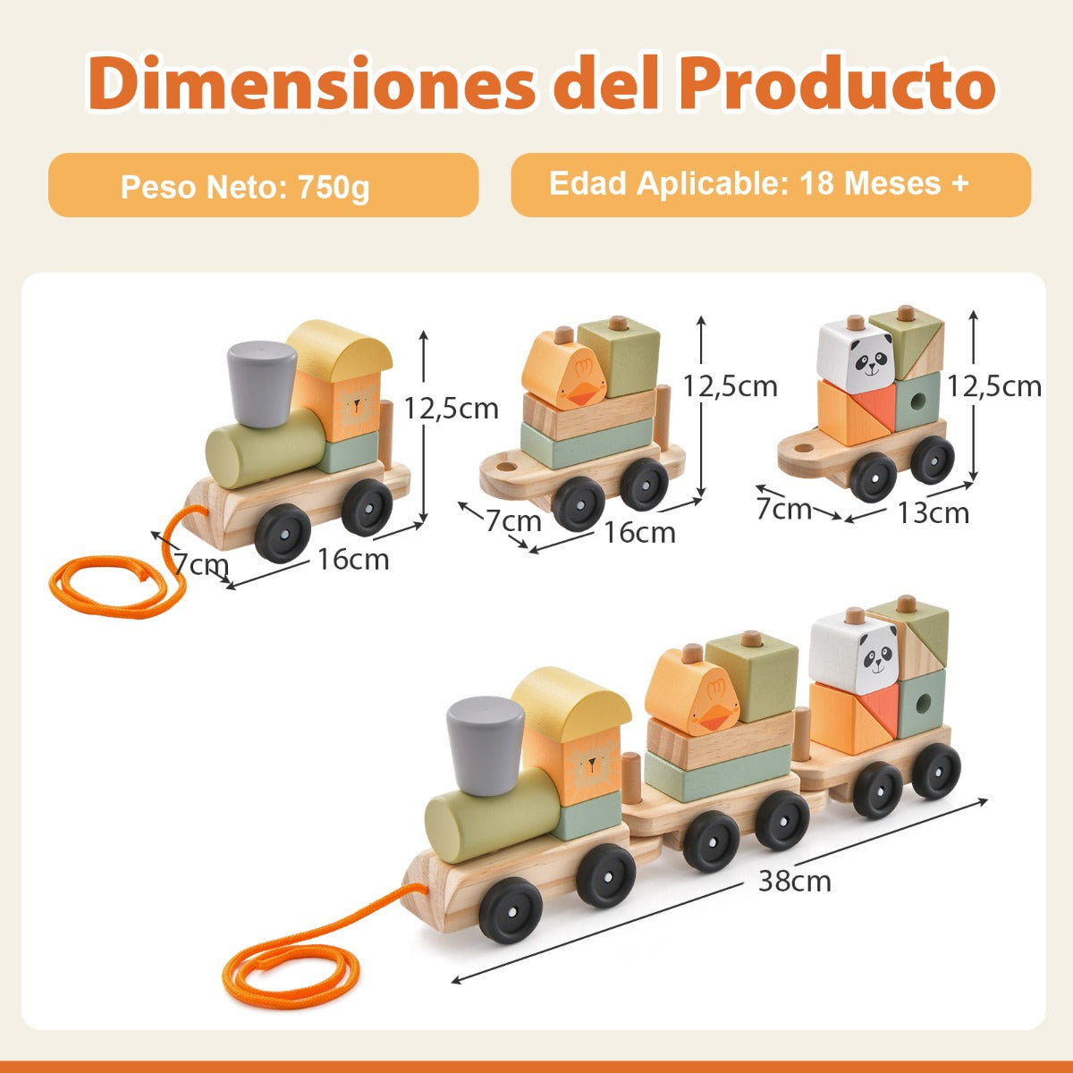 Tren de Juguete de 3 Secciones Bloques Apilables con Patrones de Animales ara el Aprendizaje Temprano de Bebés
