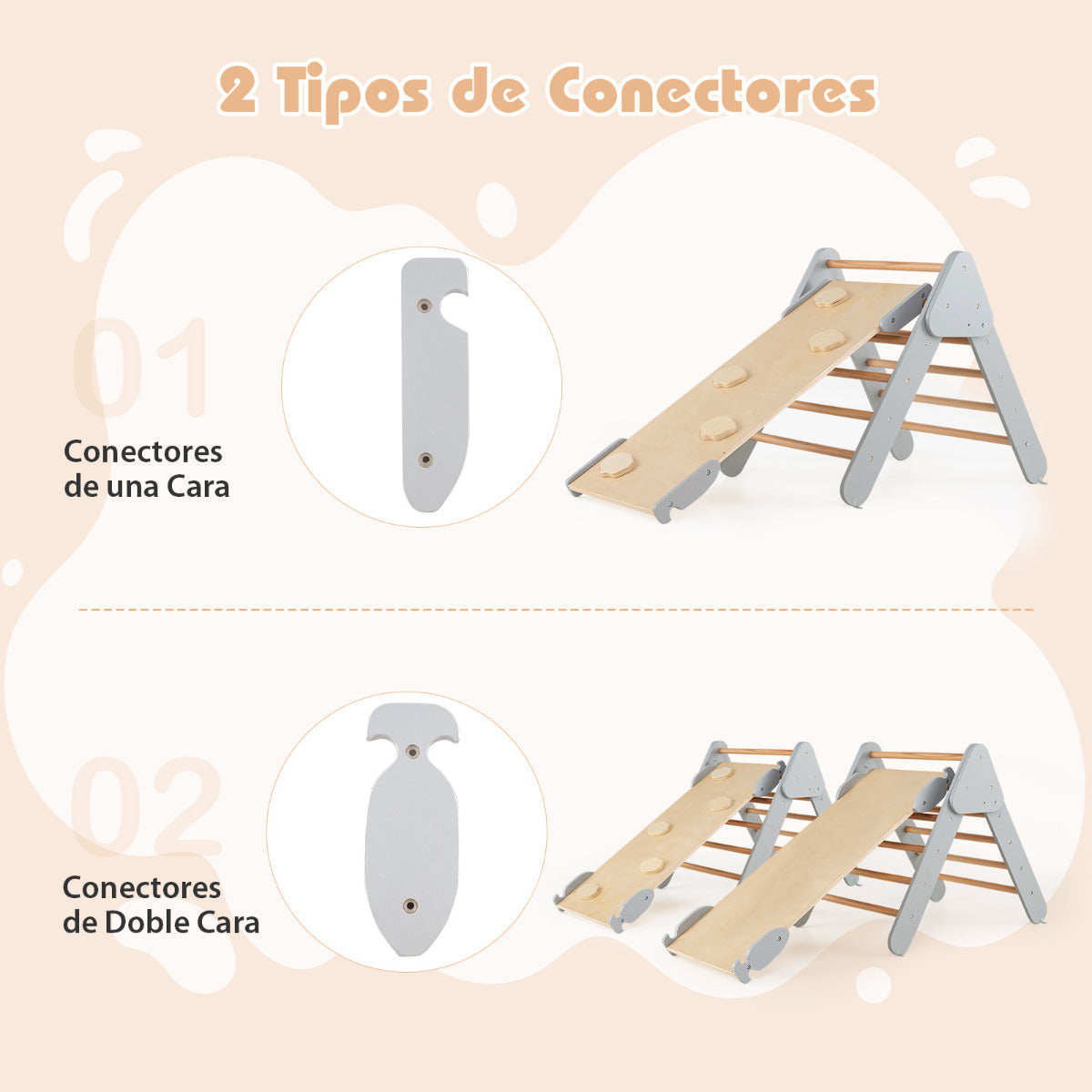 3 en 1 Triángulo de Escalada de Madera para Niños Juego de Escalada con Triángulo/Arco/Rampa para Deslizarse o Escalar Montessori Gris
