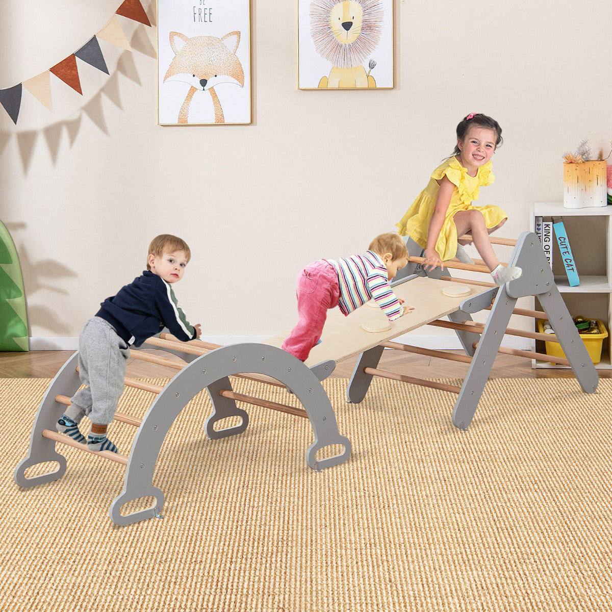 3 en 1 Triángulo de Escalada de Madera para Niños Juego de Escalada con Triángulo/Arco/Rampa para Deslizarse o Escalar Montessori Gris