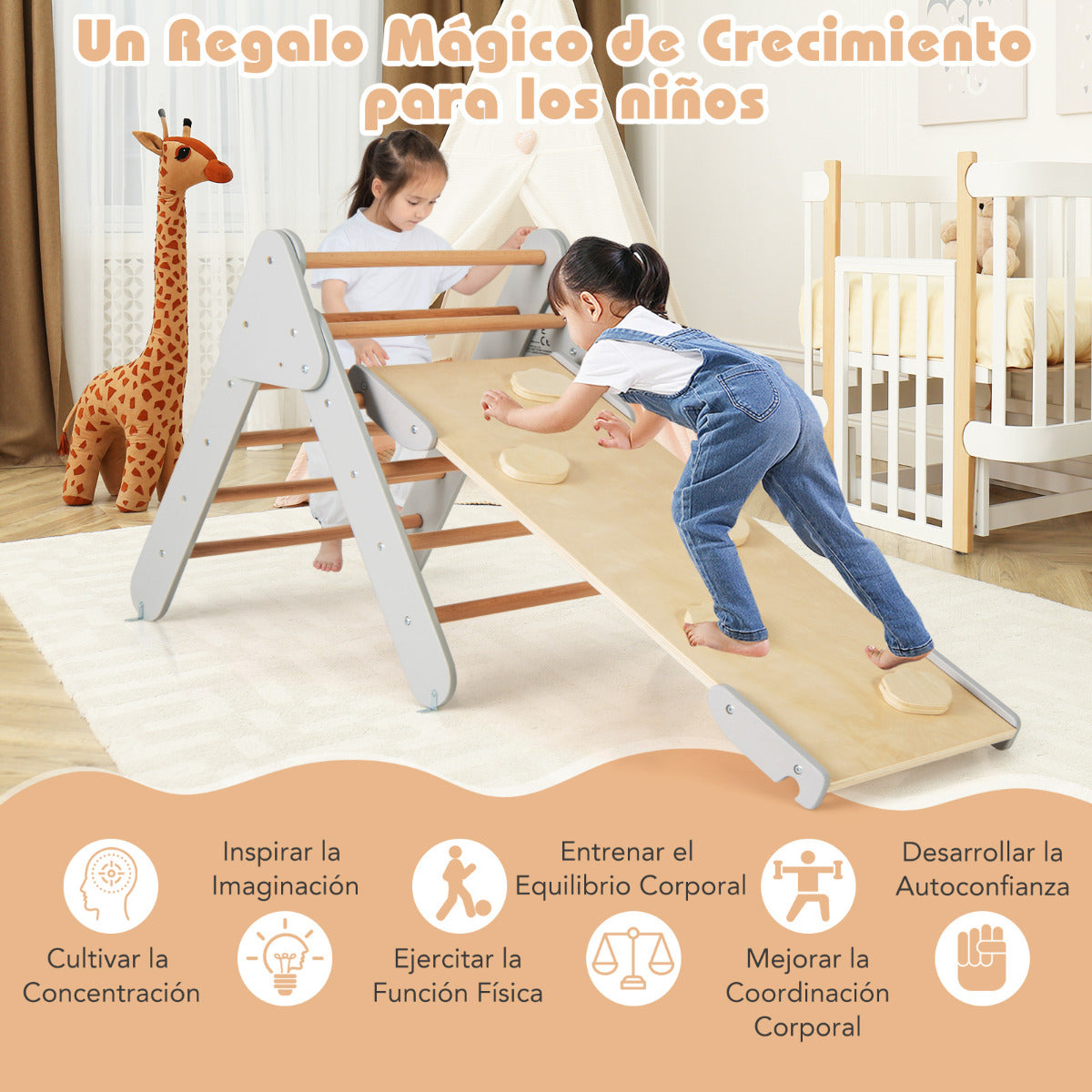 3 en 1 Triángulo de Escalada de Madera para Niños Juego de Escalada con Triángulo/Arco/Rampa para Deslizarse o Escalar Montessori Gris