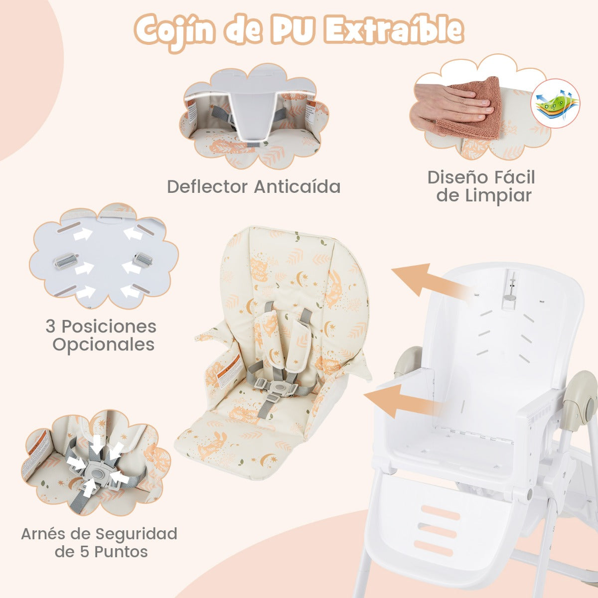 Trona Convertible para Bebés con Altura Regulable de 90-105 cm Silla de Comedor Portátil con Bandeja Extraíble Respaldo Reposapiés Beige