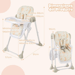 Trona Convertible para Bebés con Altura Regulable de 90-105 cm Silla de Comedor Portátil con Bandeja Extraíble Respaldo Reposapiés Beige