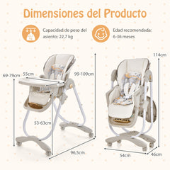 Trona Plegable para Bebé con Ruedas Altura y Reclinación Ajustable Reposapiés de 3 Posiciones y Bandeja de Doble 96,5 x 55 x 99-109 cm-Gris