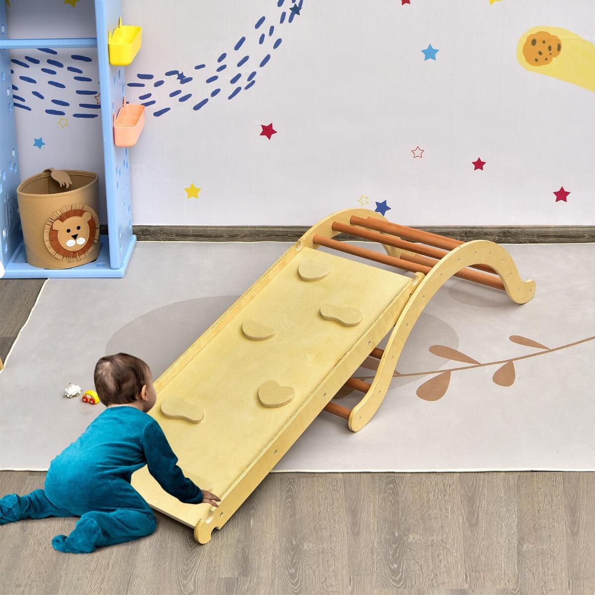3 en 1 Set Escalera Plegable para Niños Arco Escalada Rampa Reversible para Escalar y Deslizar de Madera con Estera Carga 60 kg Natural