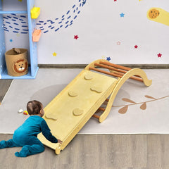 3 en 1 Set Escalera Plegable para Niños Arco Escalada Rampa Reversible para Escalar y Deslizar de Madera con Estera Carga 60 kg Natural
