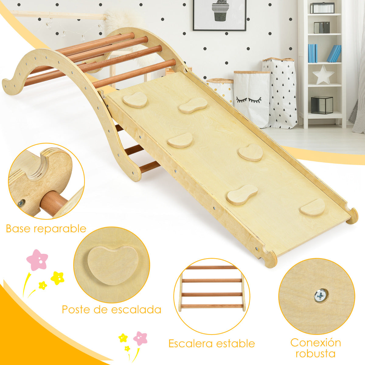 3 en 1 Set Escalera Plegable para Niños Arco Escalada Rampa Reversible para Escalar y Deslizar de Madera con Estera Carga 60 kg Natural