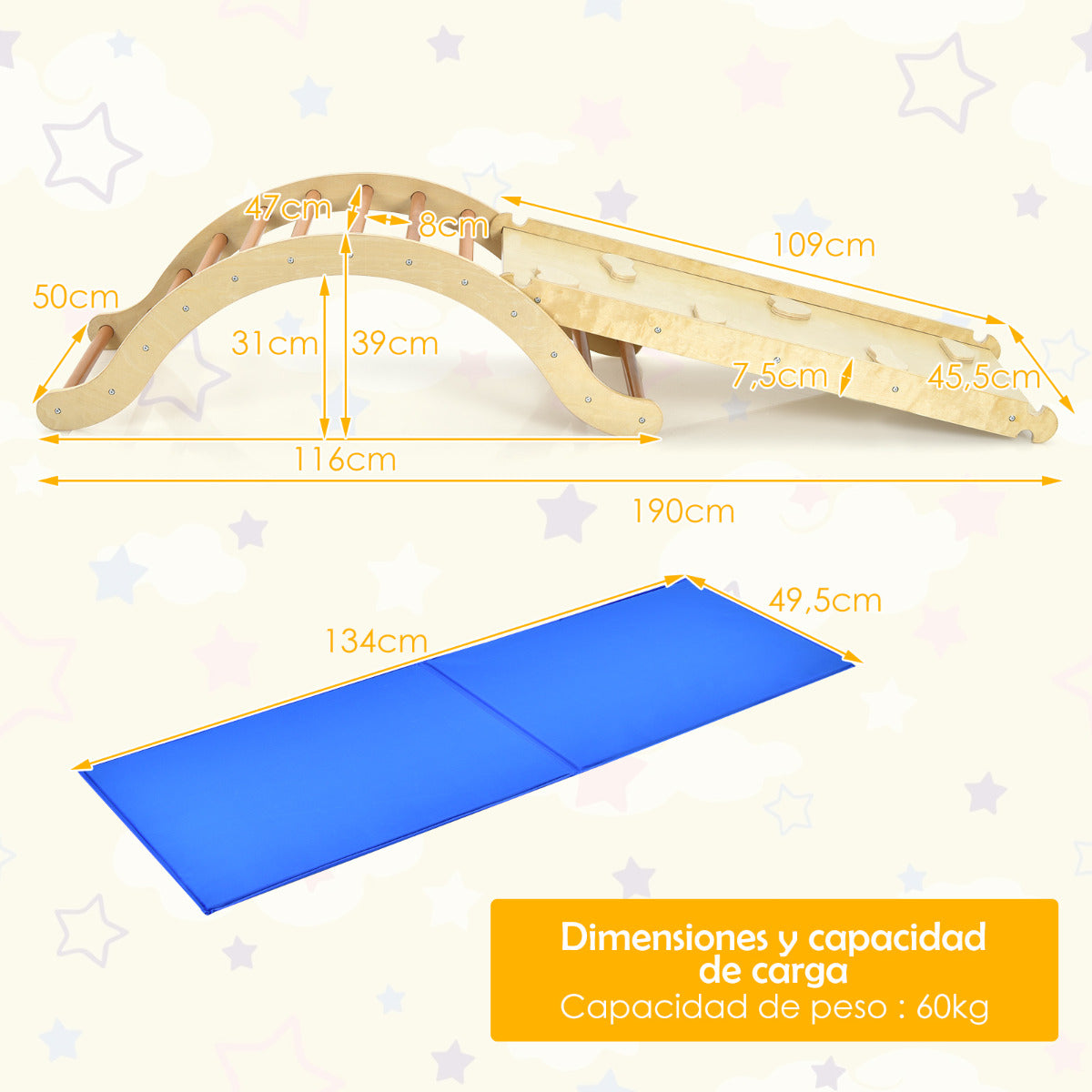 3 en 1 Set Escalera Plegable para Niños Arco Escalada Rampa Reversible para Escalar y Deslizar de Madera con Estera Carga 60 kg Natural
