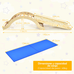 3 en 1 Set Escalera Plegable para Niños Arco Escalada Rampa Reversible para Escalar y Deslizar de Madera con Estera Carga 60 kg Natural