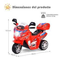 Moto Montable para Niños Moto Eléctrica Juguete de Batería 6 V con 3 Ruedas Música Incorporada Focos Función Adelante y Atrás Rojo