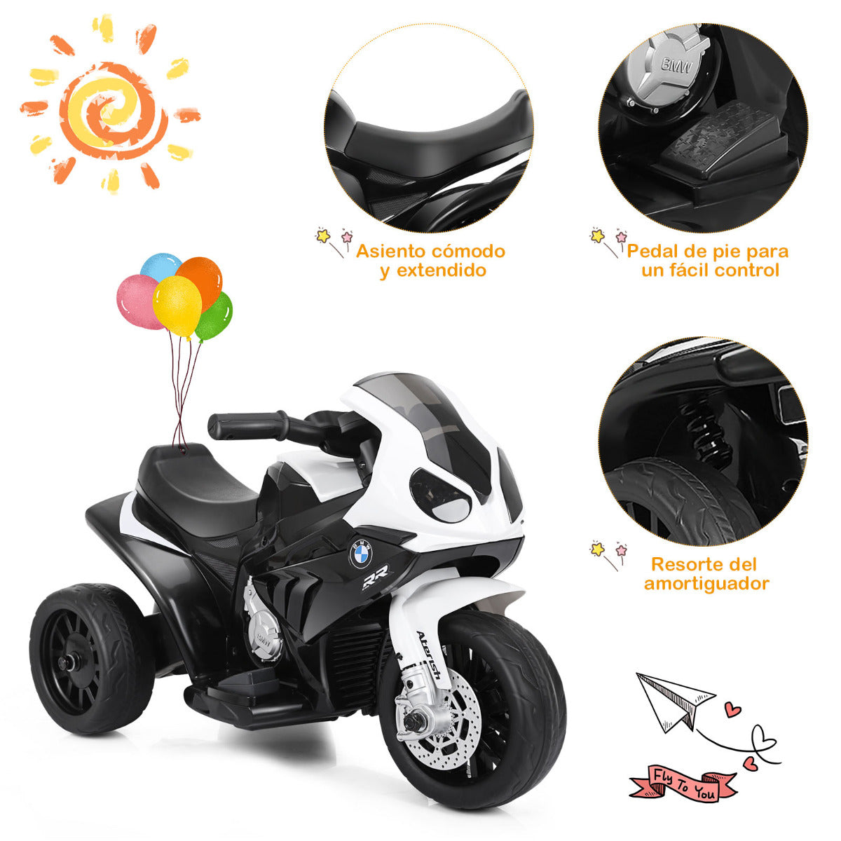 Moto Montable para Niños Motocicleta con Ruedines Faros Música 3 Ruedas Alimentada a Batería Negro 66 x 37 x 44,5 cm