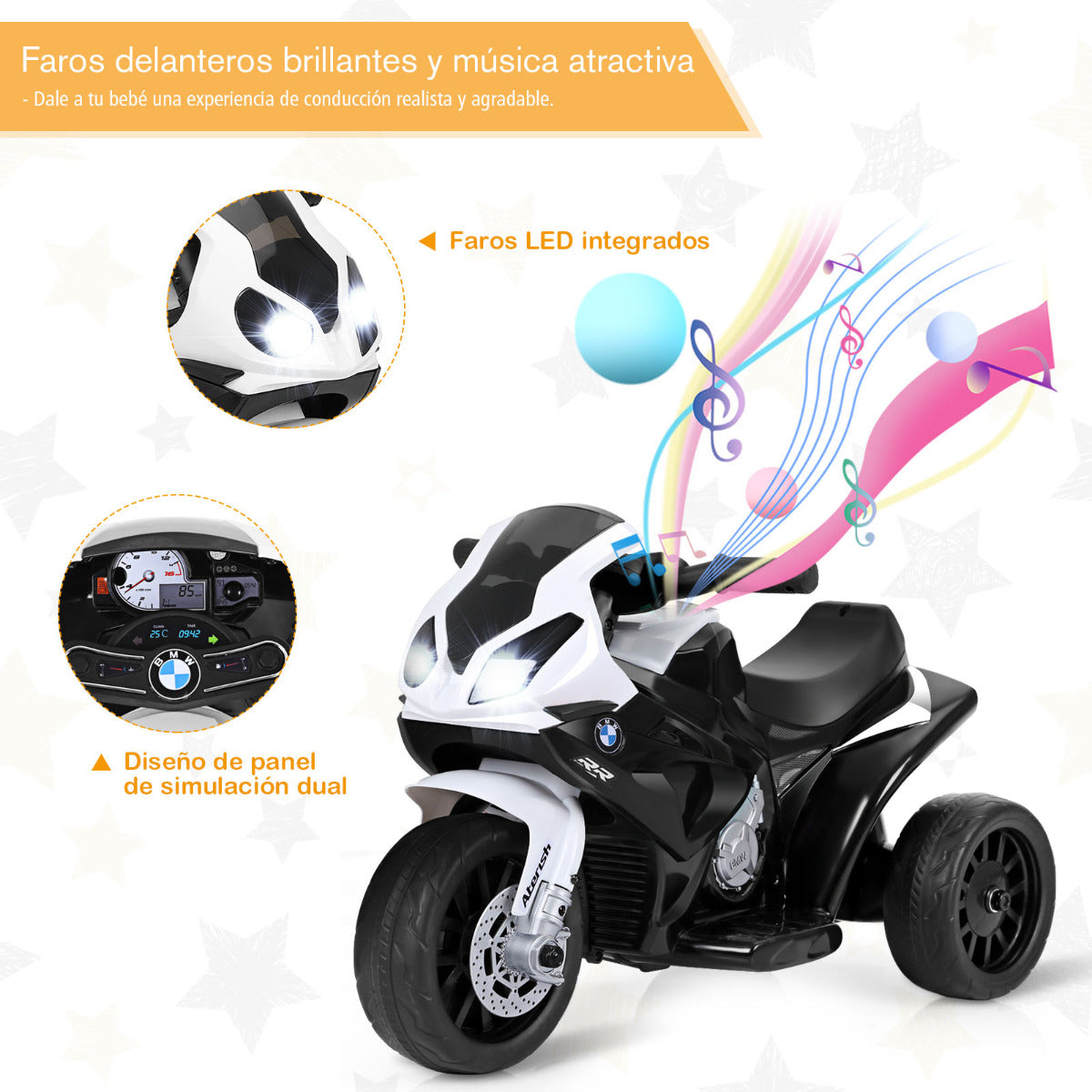 Moto Montable para Niños Motocicleta con Ruedines Faros Música 3 Ruedas Alimentada a Batería Negro 66 x 37 x 44,5 cm