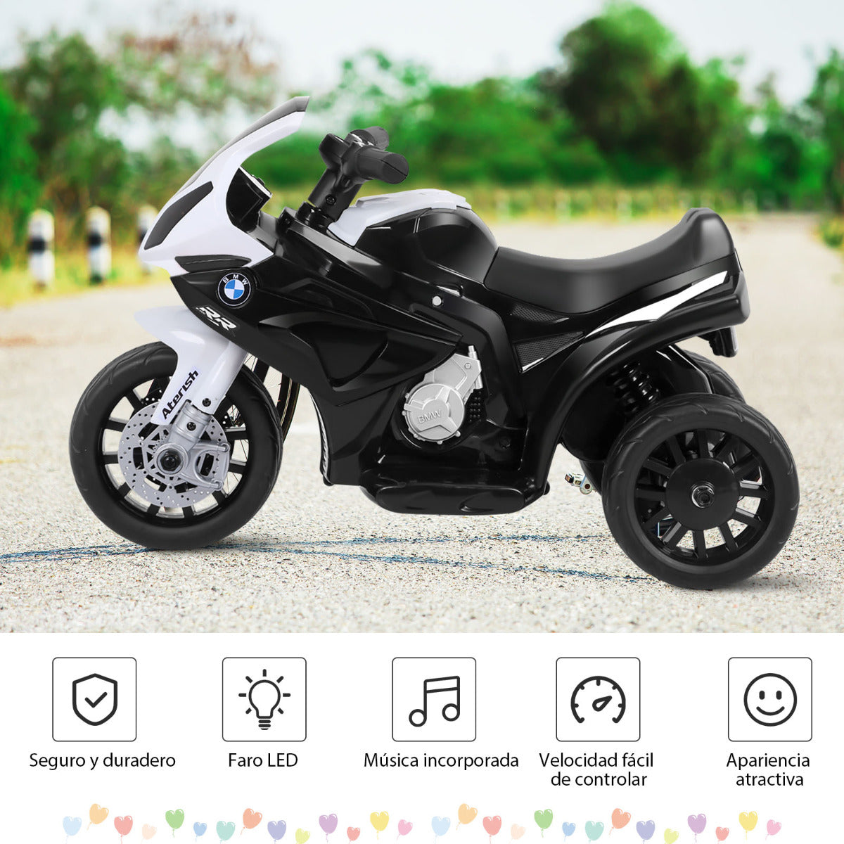 Moto Montable para Niños Motocicleta con Ruedines Faros Música 3 Ruedas Alimentada a Batería Negro 66 x 37 x 44,5 cm