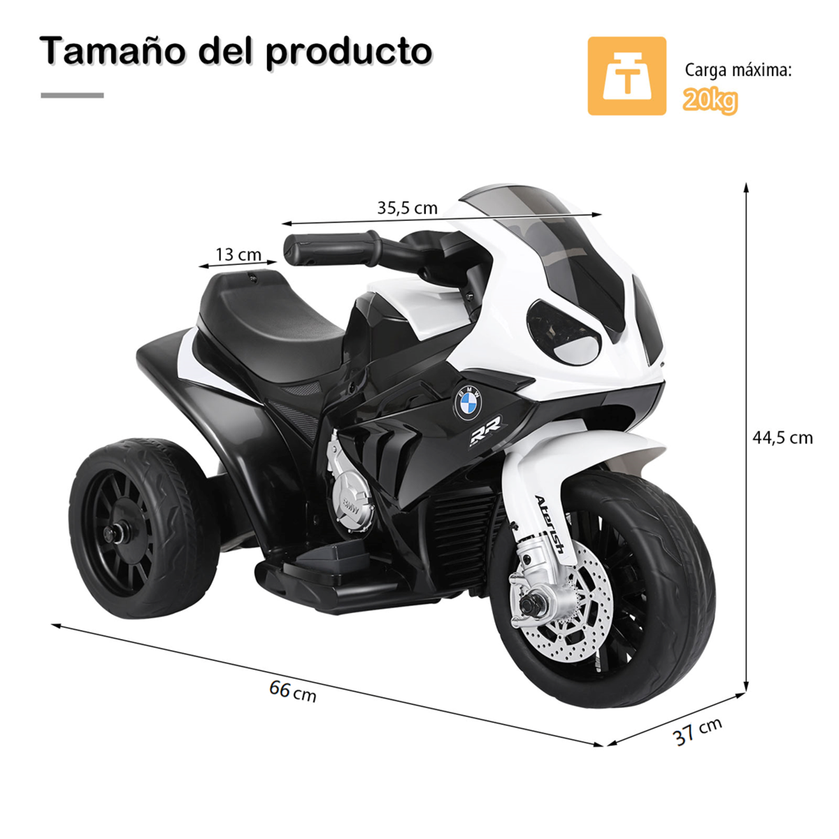 Moto Montable para Niños Motocicleta con Ruedines Faros Música 3 Ruedas Alimentada a Batería Negro 66 x 37 x 44,5 cm