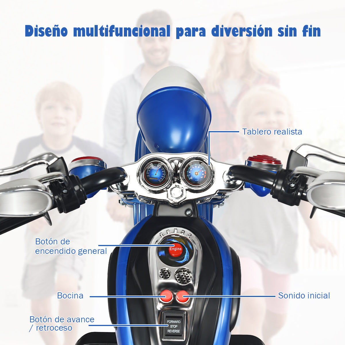 Moto en Estilo Chopper para Niños Moto Montable Alimentada a Batería con Marcha Adelante Conducción Realística Azul