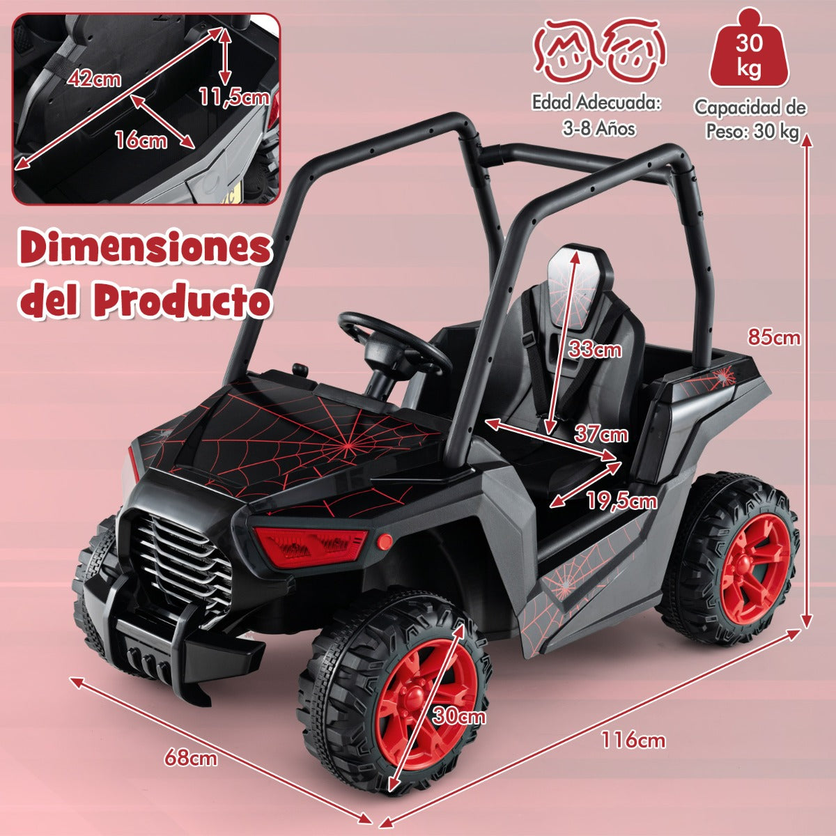 UTV para Niños Coche de Juguete a Batería de 24V con Control Remoto 3 Velocidades 2 Suspensiones de Resorte Arranque Lento Música Negro