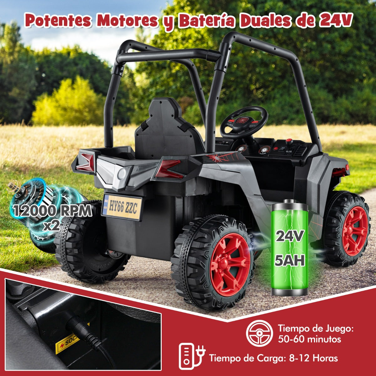 UTV para Niños Coche de Juguete a Batería de 24V con Control Remoto 3 Velocidades 2 Suspensiones de Resorte Arranque Lento Música Negro